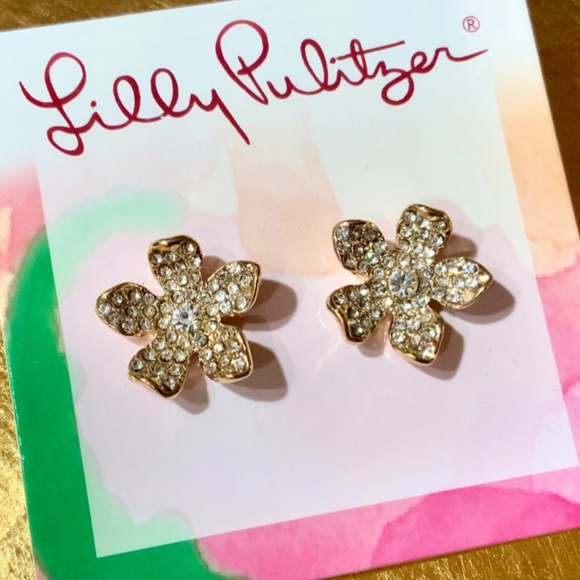 Lilly Pulitzer Jewelry - Lilly Pulitzer EARRINGS “Beach Club Blooms” GOLD FLOWER 🩷 Crystal PIERCED